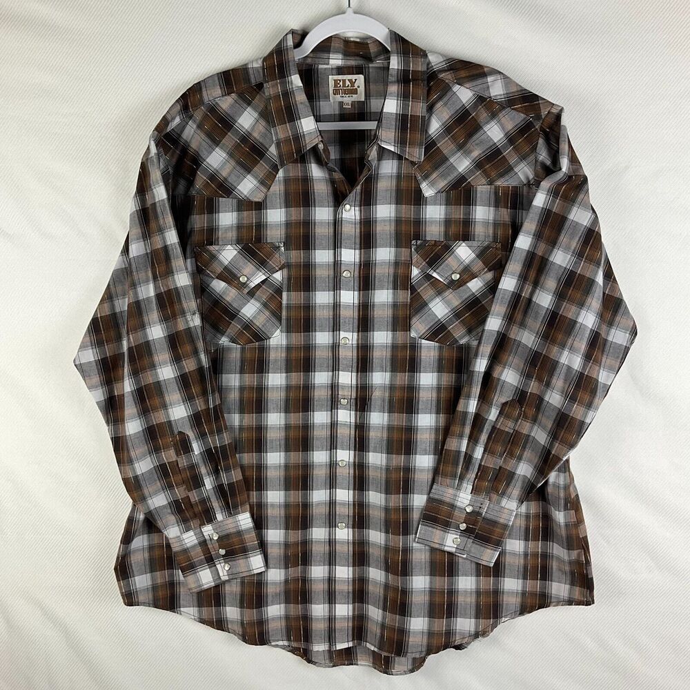 Ely Cattleman Mens XXL Brown Plaid Silver Metallic Western Pearl Snap Shirt